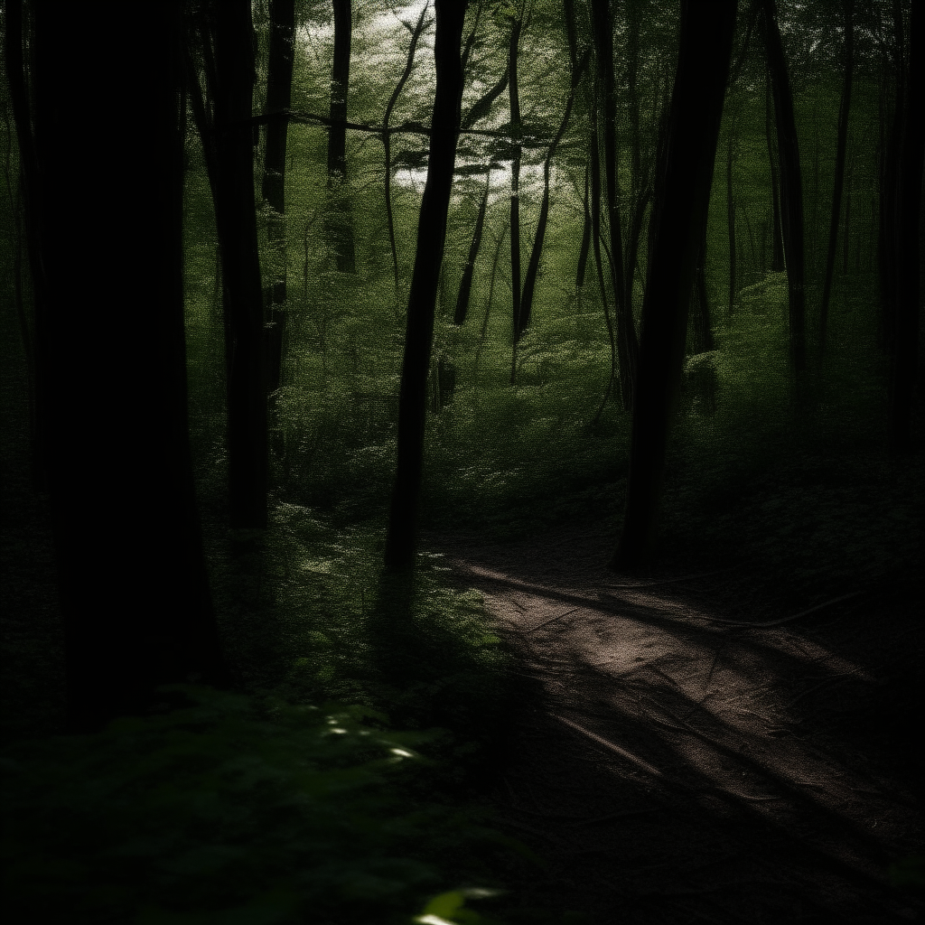 Powerful shadows beneath dense branches looking further into the dark green forest