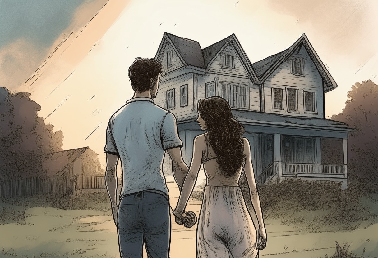 man  hold hand of beautifull woman, house in the background, love, , concept by Godfrey Blow, featured on deviantart, drawing, sots art, lyco art, artwork, photoillustration, poster art