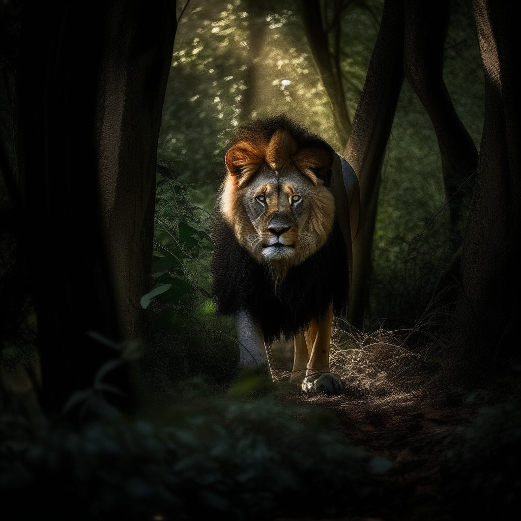 A lion emerges from the shadows of the dense forest