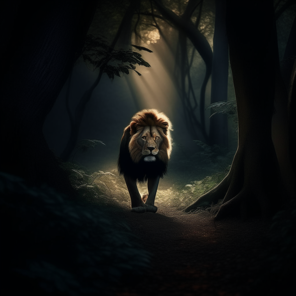 In a dark forest at dusk, a lion emerges from the shadows between the trees