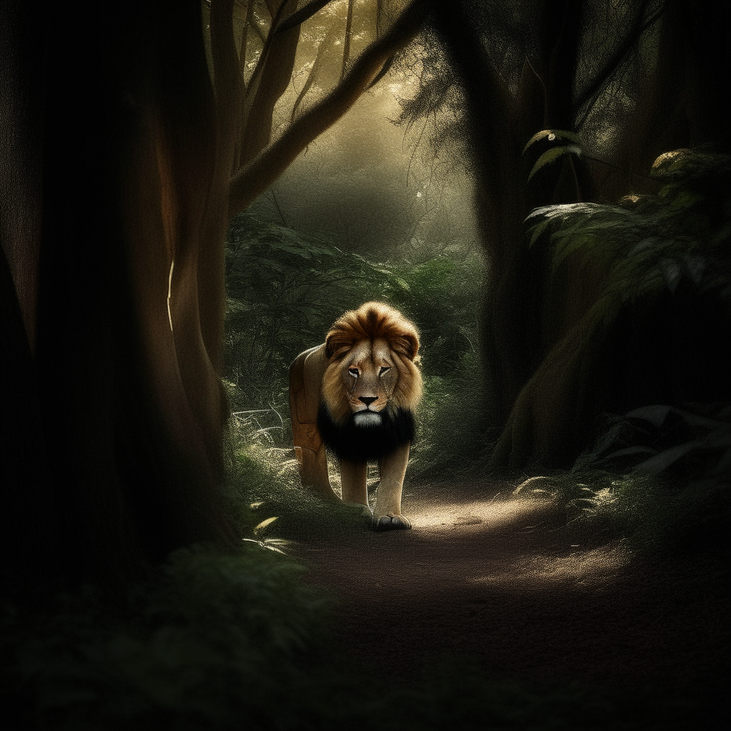 A lion emerges from the shadows beneath the trees in the dense forest