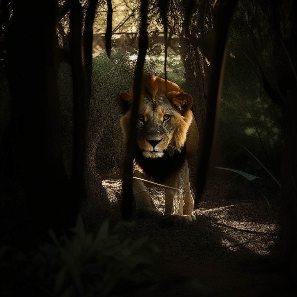 A small lion emerges from the shadows beneath the trees