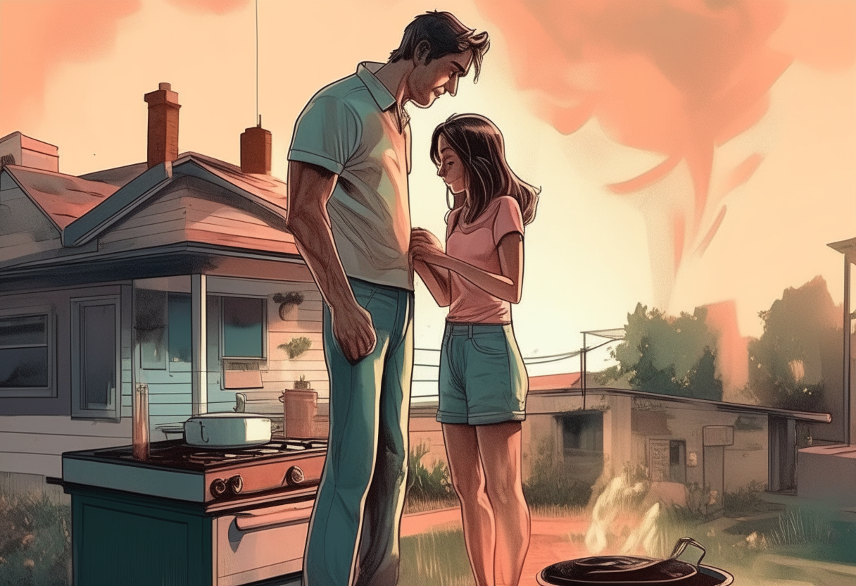 man cooks with woman, house in the background, love, , concept by Godfrey Blow, featured on deviantart, drawing, sots art, lyco art, artwork, photoillustration, poster art