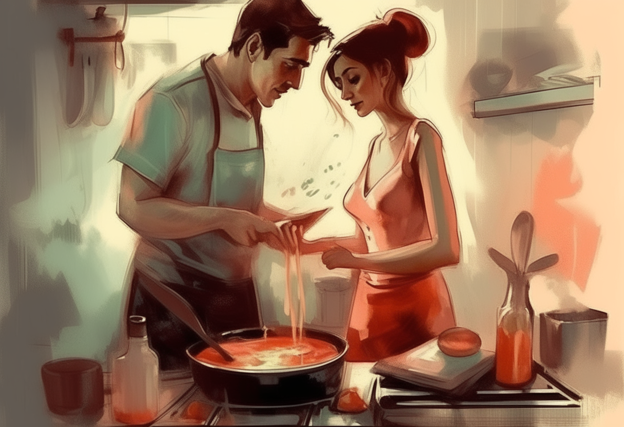 man cooks with woman, love, , concept by Godfrey Blow, featured on deviantart, drawing, sots art, lyco art, artwork, photoillustration, poster art