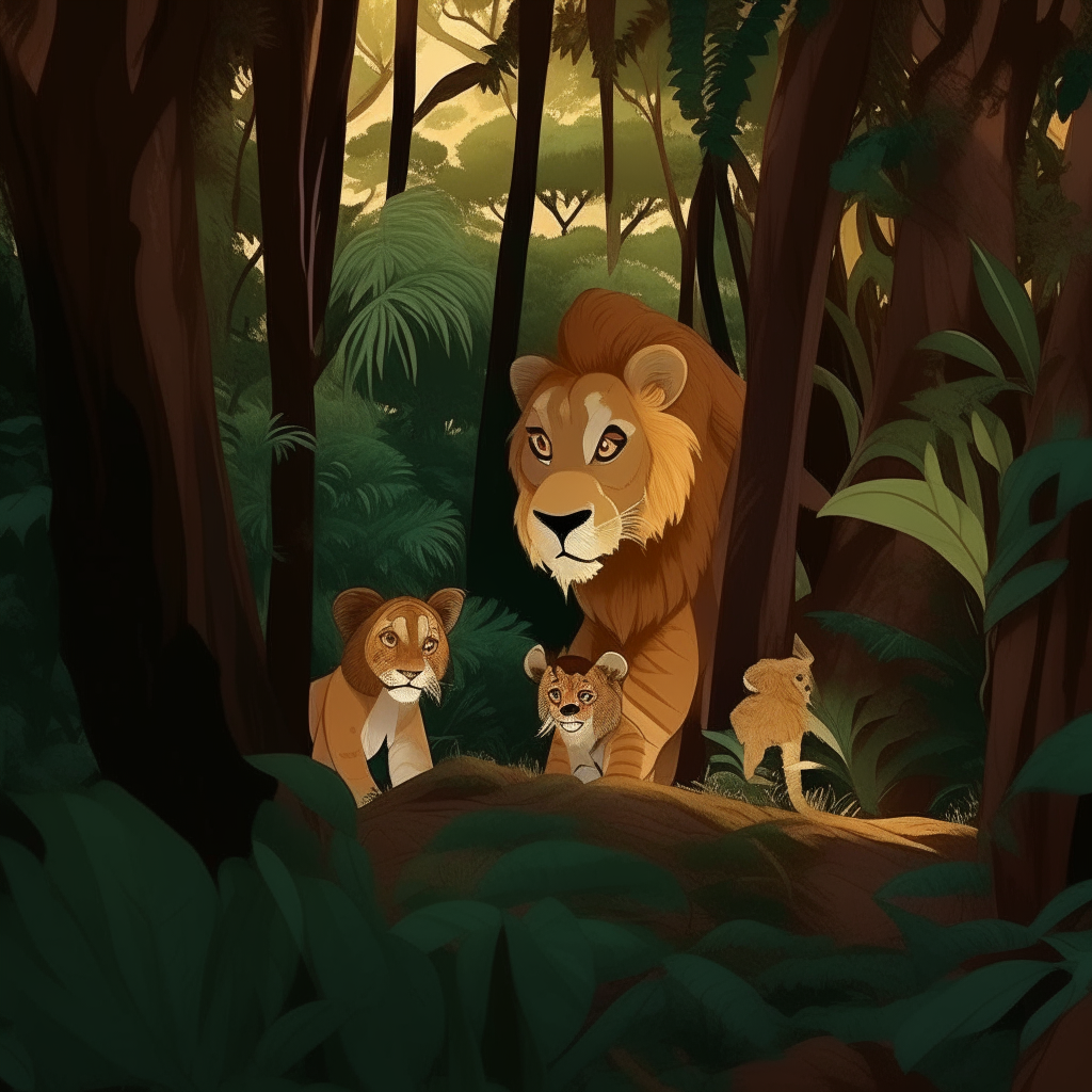 A small lion, she-wolf and lynx peek out from behind trees and foliage in the dense forest at dusk, dwarfed by the towering trunks and branches