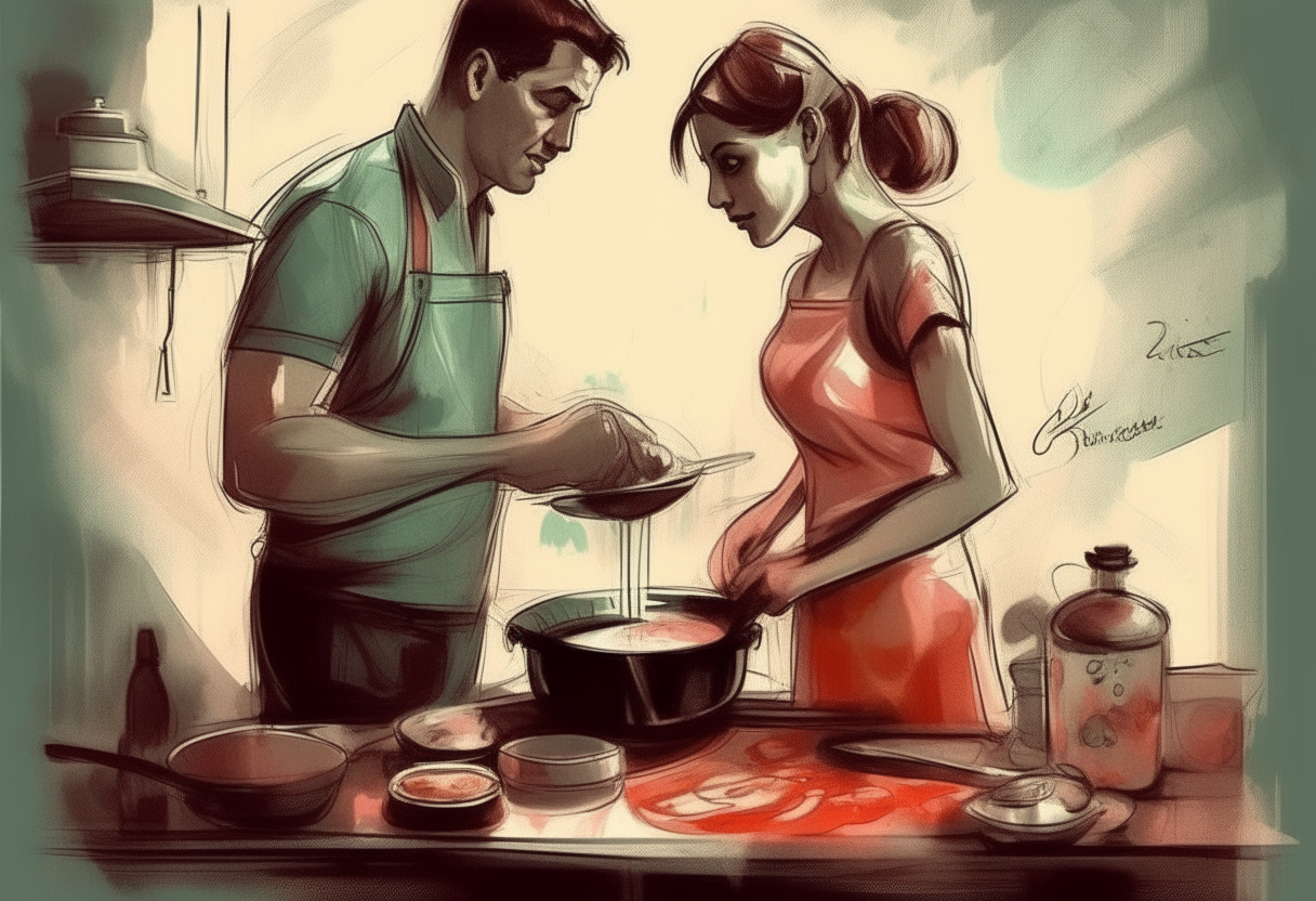 man cooks with woman, love, concept by Godfrey Blow, featured on deviantart, drawing, sots art, lyco art, artwork, photoillustration, poster art
