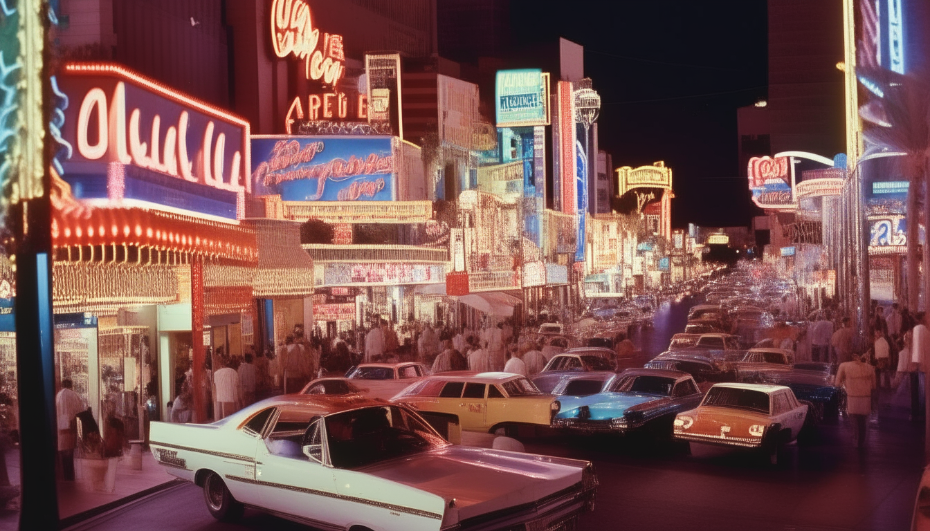 A bustling downtown Las Vegas street at night in the 1980s, filled with colorful neon signs advertising casinos, hotels and shows.