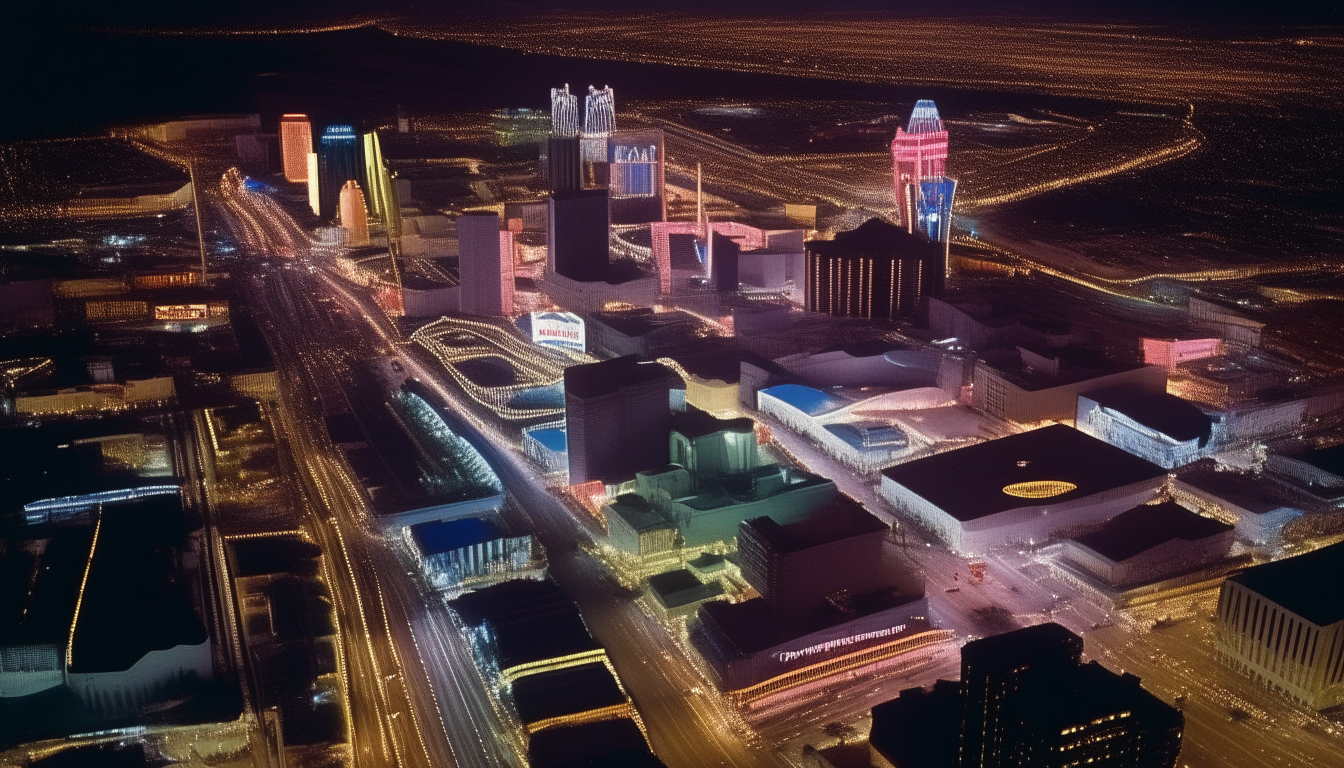 The Las Vegas Strip seen from above at night in the 1980s, a sea of neon lights and signs as far as the eye can see.