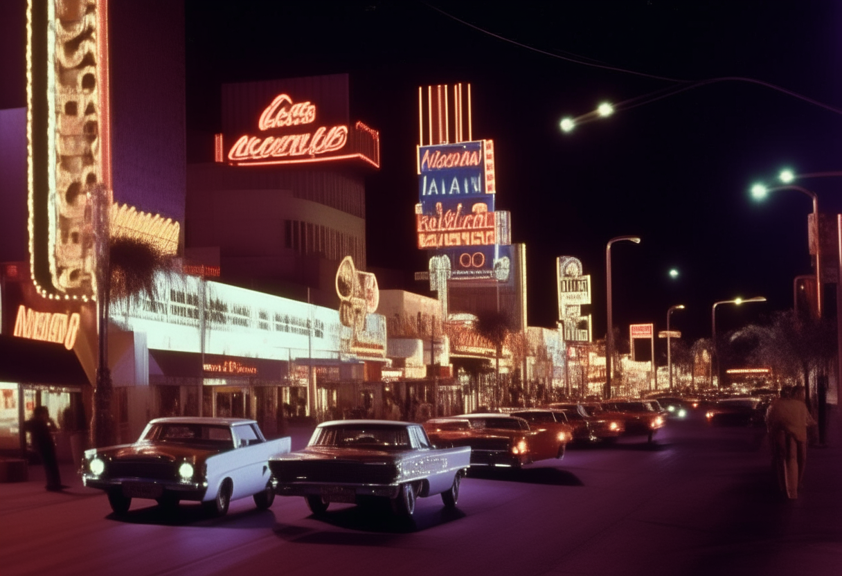 A nighttime view of the Las Vegas Strip in the 1980s, with neon signs glowing along the sidewalks and tall hotels lit up against the dark sky