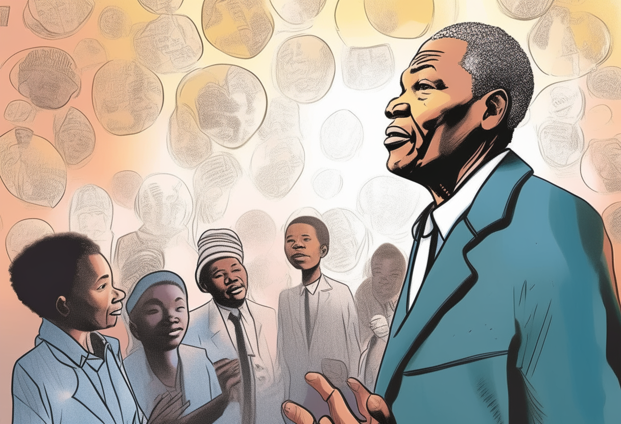 Nelson Mandela standing in the background, several people in the foreground with thought bubbles above their heads containing different memories of details about Nelson Mandela's life and imprisonment