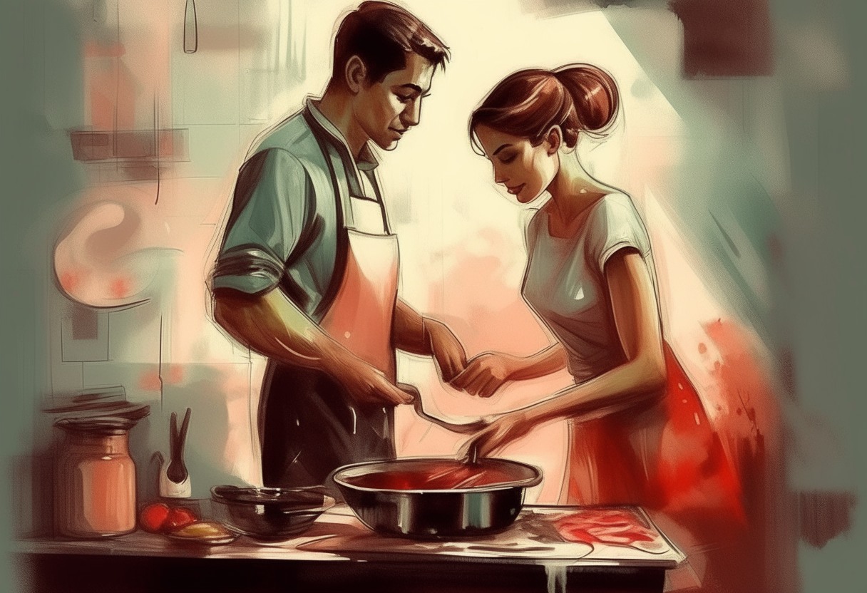 man cooks with woman, love, concept by Godfrey Blow, featured on deviantart, drawing, sots art, lyco art, artwork, photoillustration, poster art