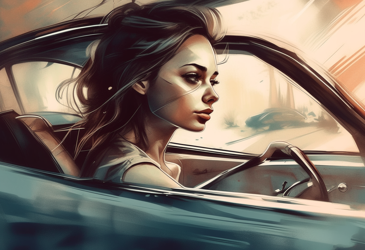 drive a car with a beautifull with woman, love, concept by Godfrey Blow, featured on deviantart, drawing, sots art, lyco art, artwork, photoillustration, poster art