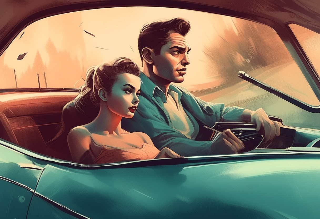 man drive a car with wonderfull woman, love, concept by Godfrey Blow, featured on deviantart, drawing, sots art, lyco art, artwork, photoillustration, poster art