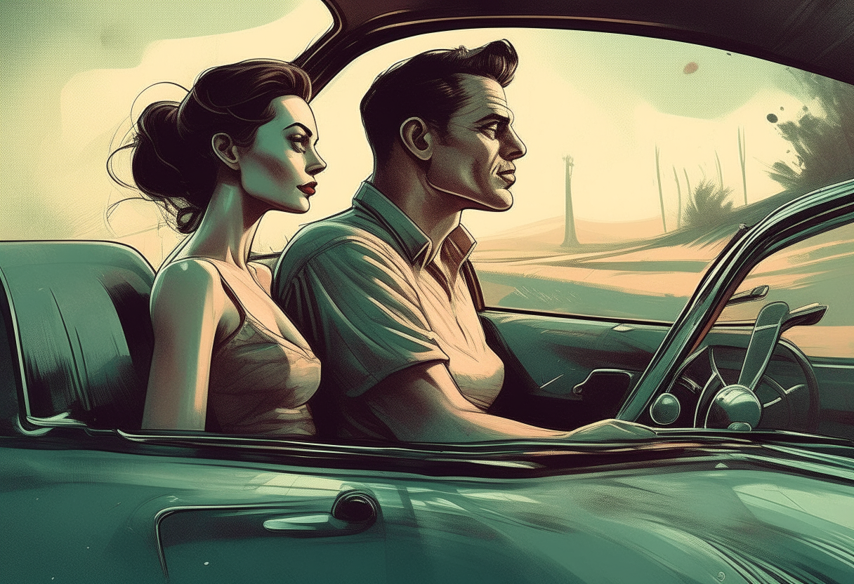 man traveling by car with wonderfull woman, love, concept by Godfrey Blow, featured on deviantart, drawing, sots art, lyco art, artwork, photoillustration, poster...