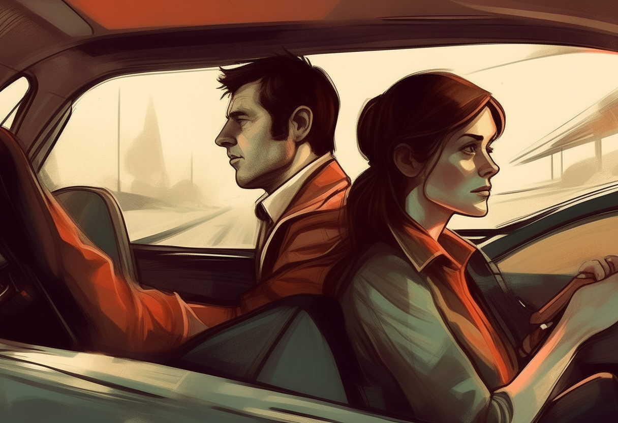 man driving car , passenger woman, love, concept by Godfrey Blow, featured on deviantart, drawing, sots art, lyco art, artwork, photoillustration, poster art