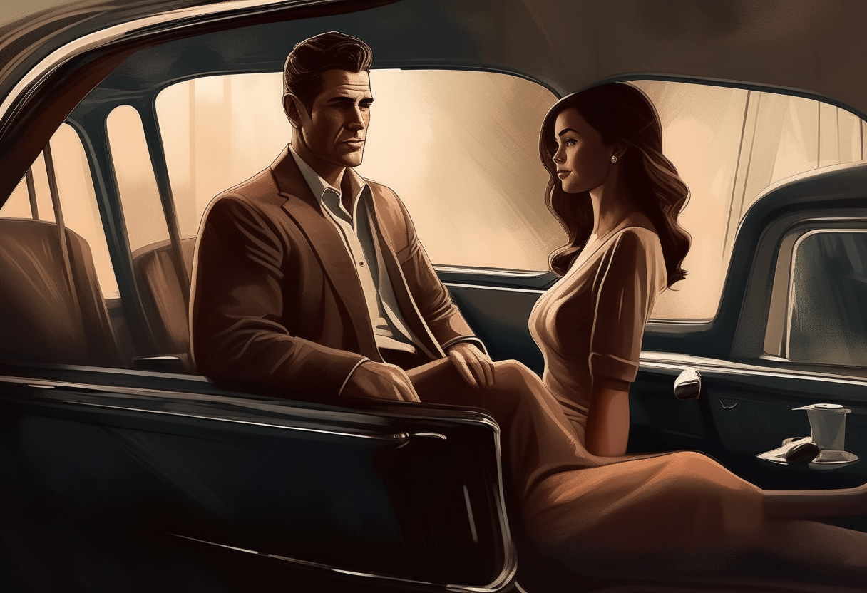 man is sitting in the car next to him in the mother-in-law seat is a beautiful woman, love, concept by Godfrey Blow, featured on deviantart, drawing, sots art, lyco art, artwork, photoillustration, poster art