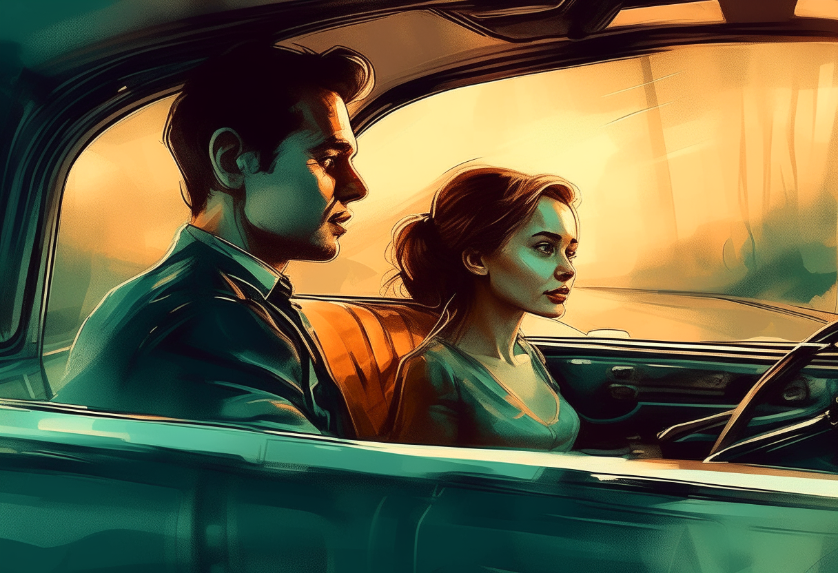 a man and a beautiful woman are traveling by car, love, concept by Godfrey Blow, featured on deviantart, drawing, sots art, lyco art, artwork, photoillustration, poster art