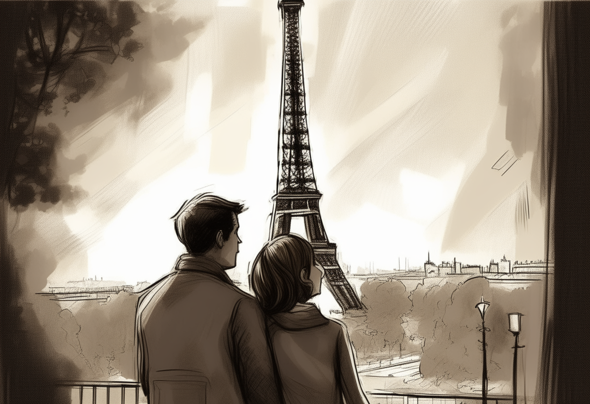 a man and a woman watch eifell tower , love, concept by Godfrey Blow, featured on deviantart, drawing, sots art, lyco art, artwork, photoillustration, poster art