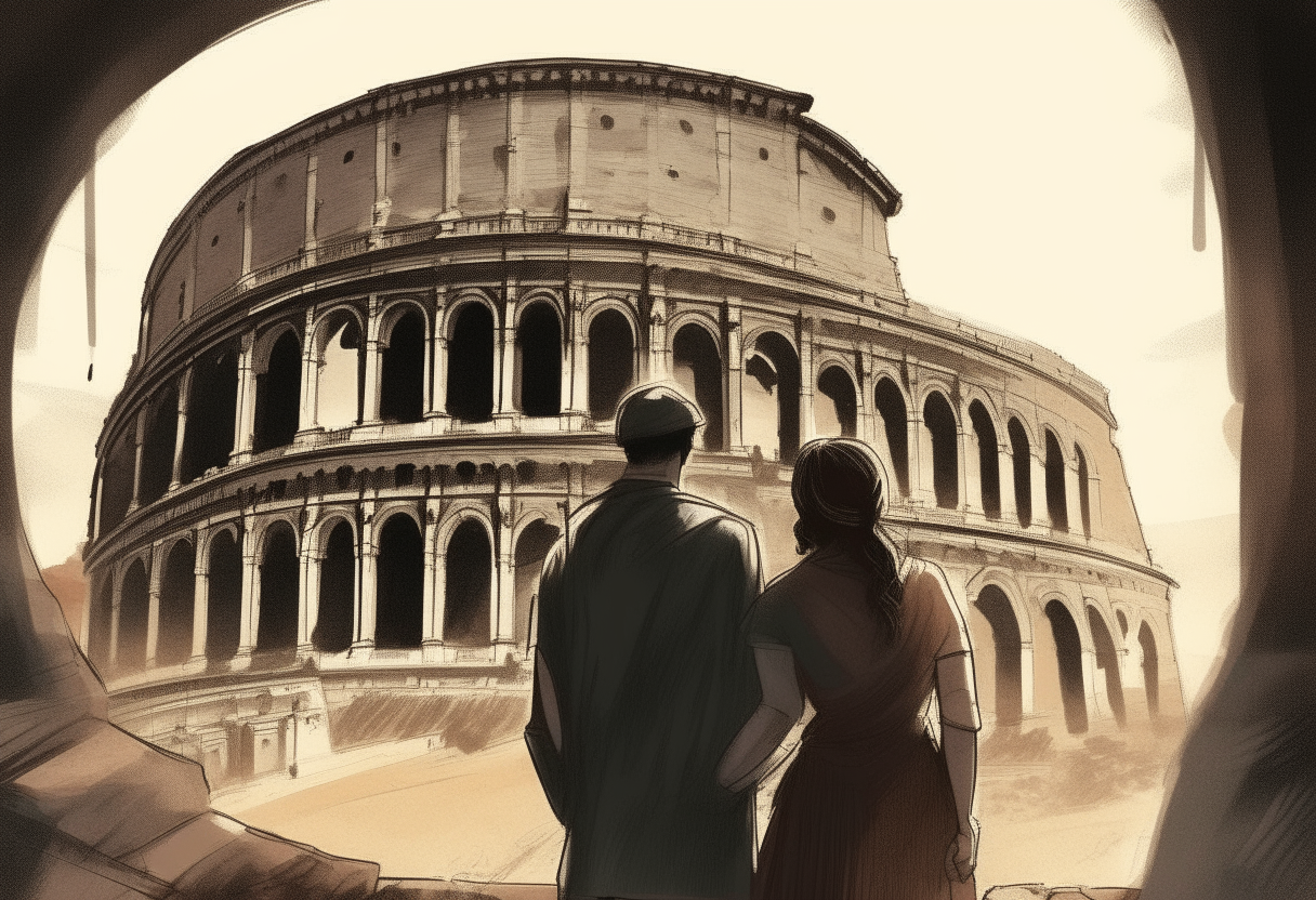 a man and a woman watch colosseum, love, concept by Godfrey Blow, featured on deviantart, drawing, sots art, lyco art, artwork, photoillustration, poster art