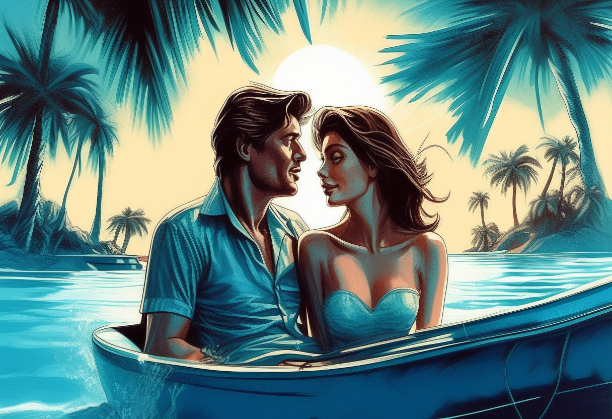 a man rides a boat with a beautyfull woman, with a blue sea and palm trees in the background, love, concept by Godfrey Blow, featured on deviantart, drawing, sots art, lyco art, artwork, photoillustration, poster art