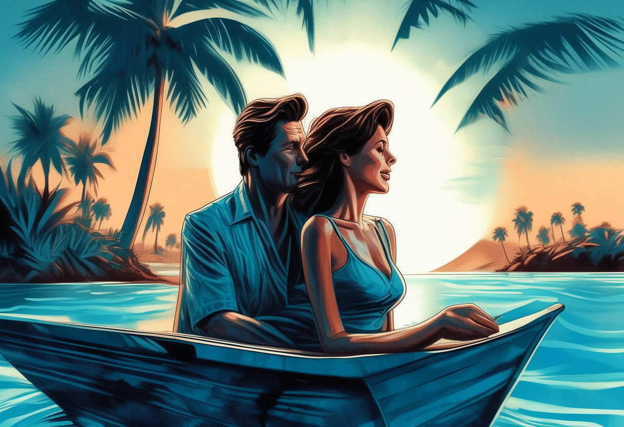 a man rides a boat with a beautiful woman, with a blue sea and palm trees in the background, love, concept by Godfrey Blow, featured on deviantart, drawing, sots art, lyco art, artwork, photoillustration, poster art
