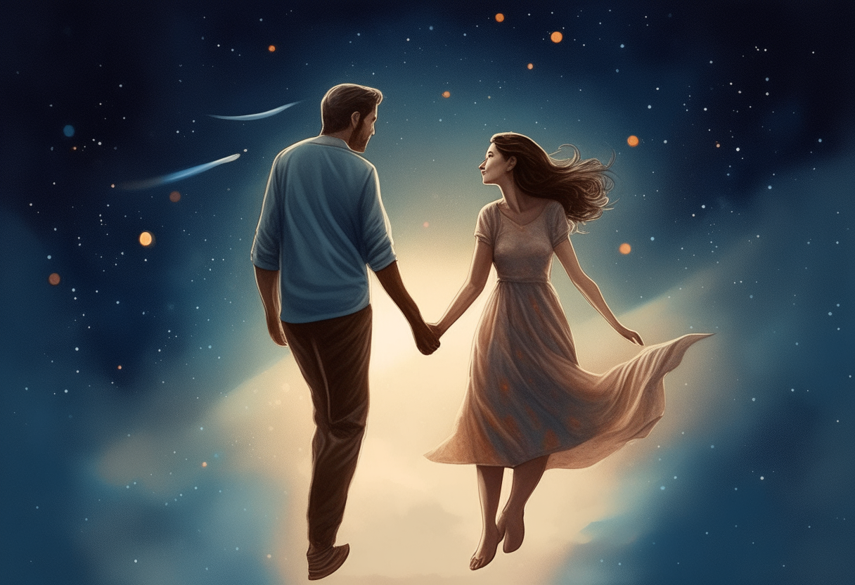 a man is flying hand in hand with a beautiful woman, stars in the background, love, concept by Godfrey Blow, featured on deviantart, drawing, sots art, lyco art, artwork, photoillustration, poster art