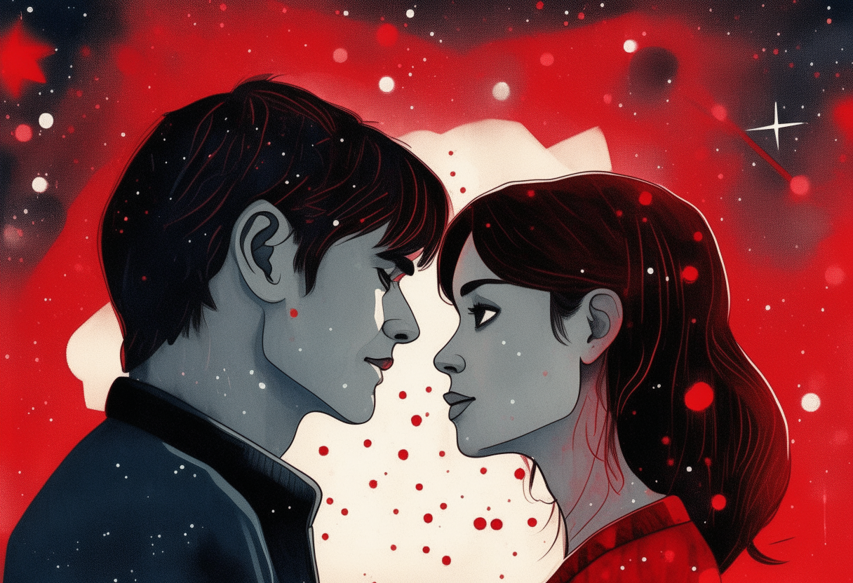 a man and a woman look into each other's eyes, stars and red hearts in the background, love, concept by Godfrey Blow, featured on deviantart, drawing, sots art, lyco art, artwork, photoillustration, poster art