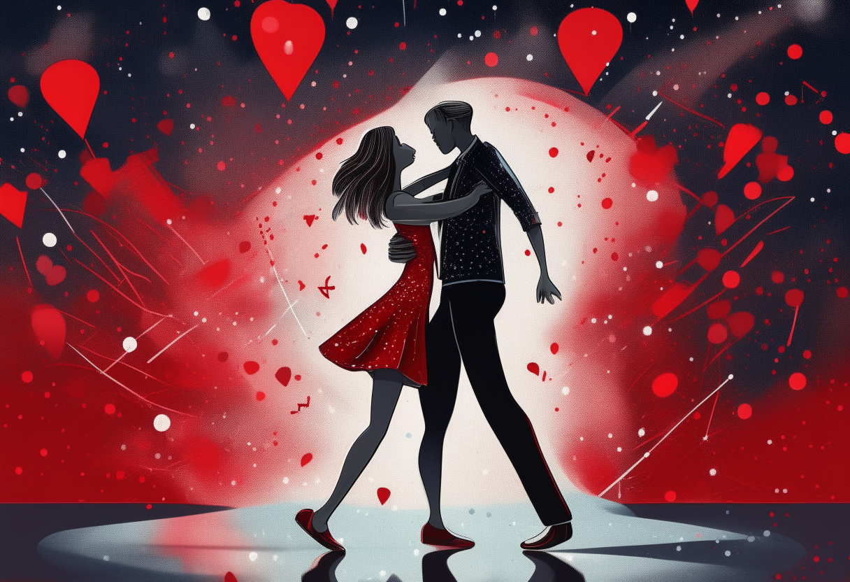 a man dances with a beautiful woman, stars and red hearts in the background, love, concept by Godfrey Blow, featured on deviantart, drawing, sots art, lyco art, artwork, photoillustration, poster art