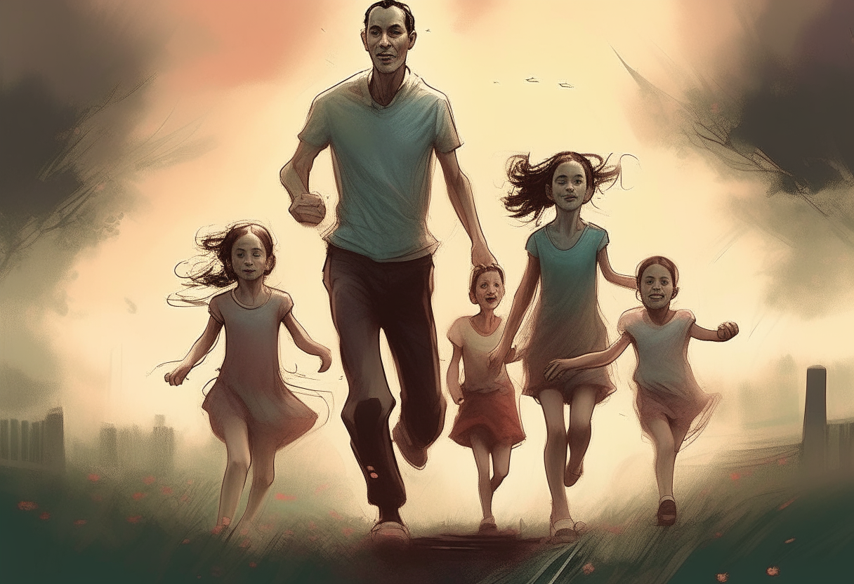 a man is holding hands with a beautiful woman and children are running around, love, concept by Godfrey Blow, featured on deviantart, drawing, sots art, lyco art, artwork, photoillustration, poster art
