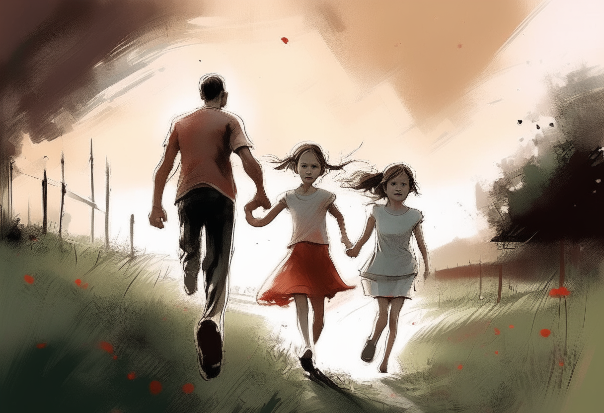 a man is hand in hand with a beautiful woman , children are running around, love, concept by Godfrey Blow, featured on deviantart, drawing, sots art, lyco art, artwork, photoillustration, poster art