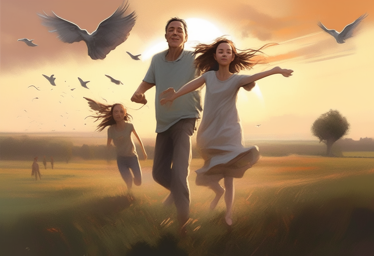 a man is flying hand in hand with a beautiful woman, children are running around in the background, love, concept by Godfrey Blow, featured on deviantart, drawing, sots art, lyco art, artwork, photoillustration, poster art