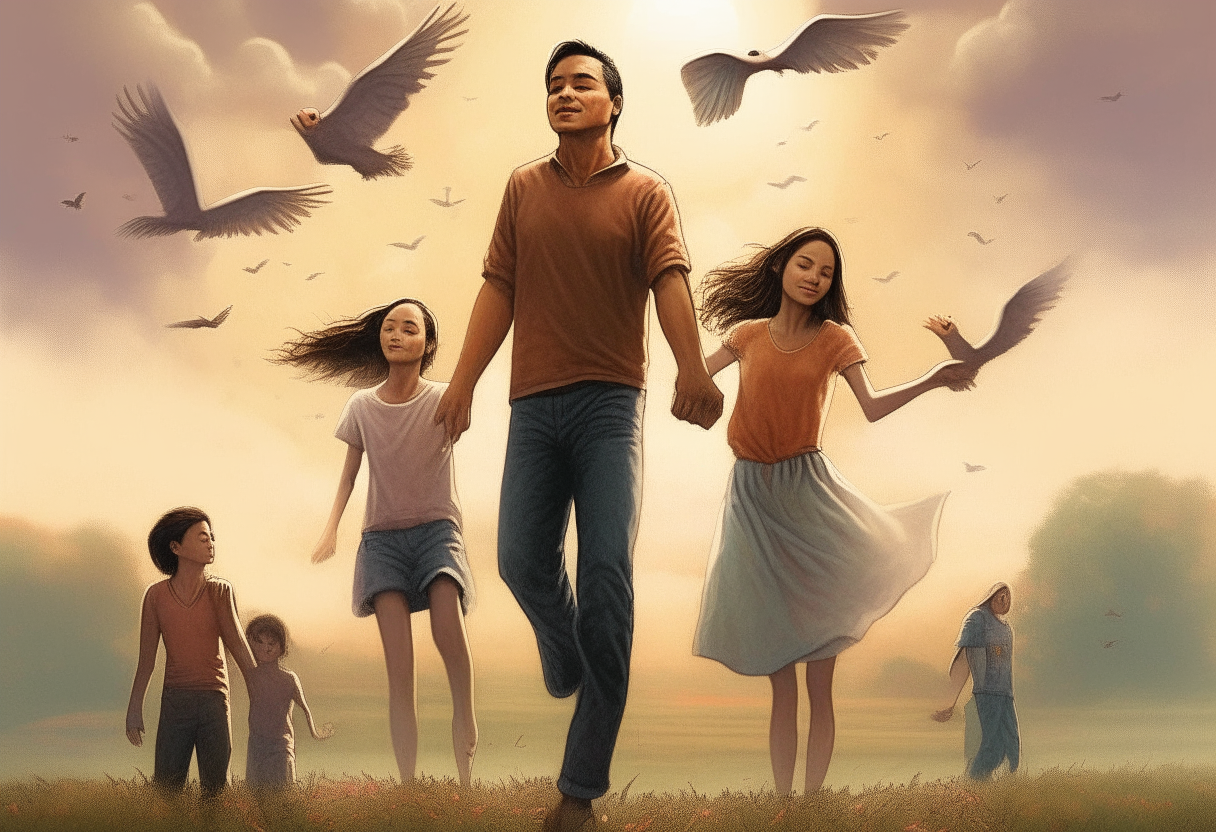 a man is flying hand in hand with a beautiful woman, there are children around them in the background, love, concept by Godfrey Blow, featured on deviantart, drawing, sots art, lyco art, artwork, photoillustration, poster art