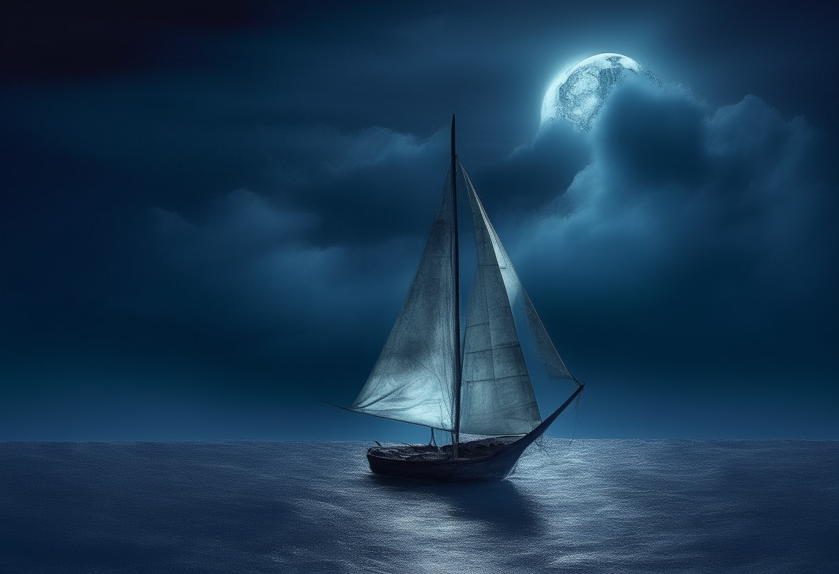 A ghostly sailboat drifting on dark stormy seas under a full moon at night, wispy ethereal sails and glowing blue spectral aura