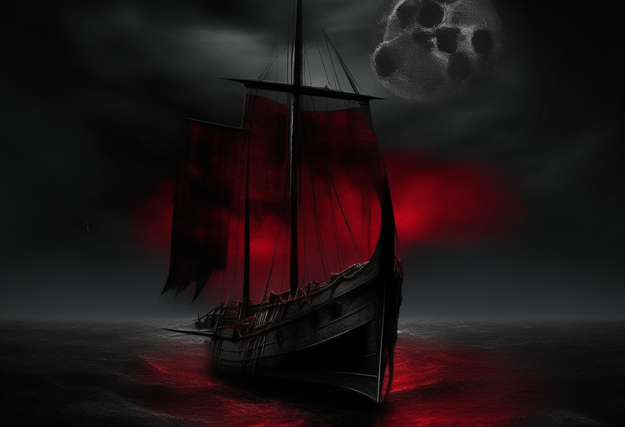A dark gothic sailboat adrift on an inky black sea under a blood red moon, crewed by shrouded evil spirits with glowing eyes and tattered black robes