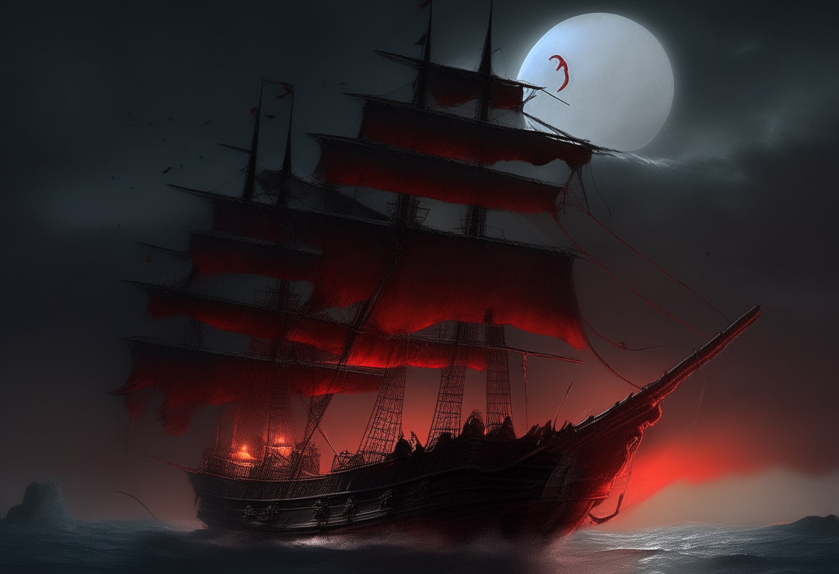 A towering black galleon adrift on an endless abyssal sea under a blood moon, its tattered sails billowing in a spectral wind, crewed by hooded wraiths with glowing eyes peering from the darkness