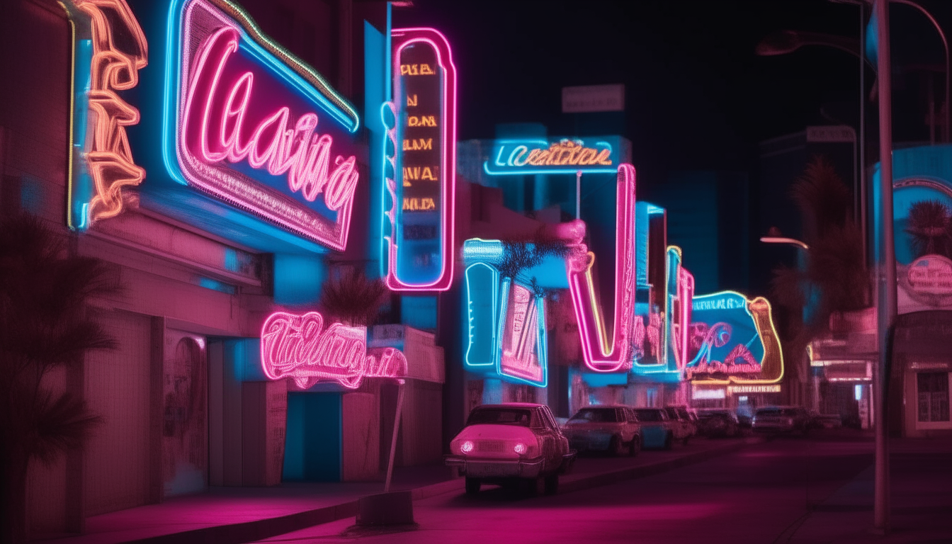 Downtown las vegas 80s night with signs glow neon blue and pink
