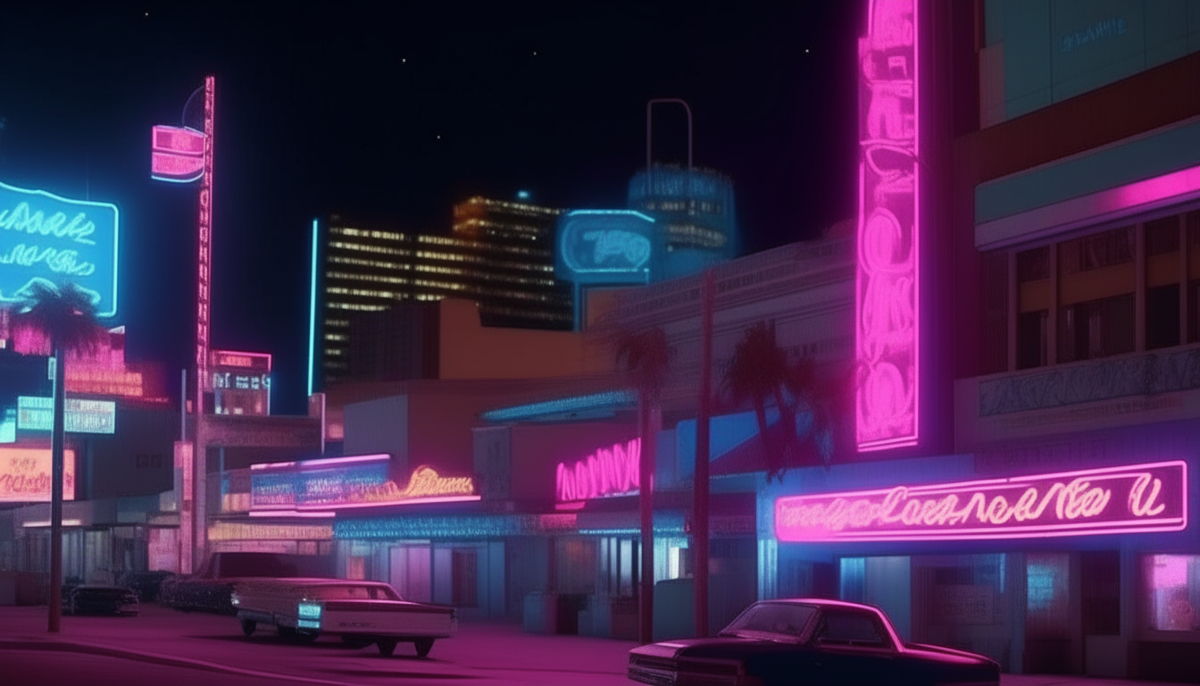 A realistic scene of downtown Las Vegas at night from the 1980s, with vivid neon signs glowing blue and pink in 8K ultra-high definition