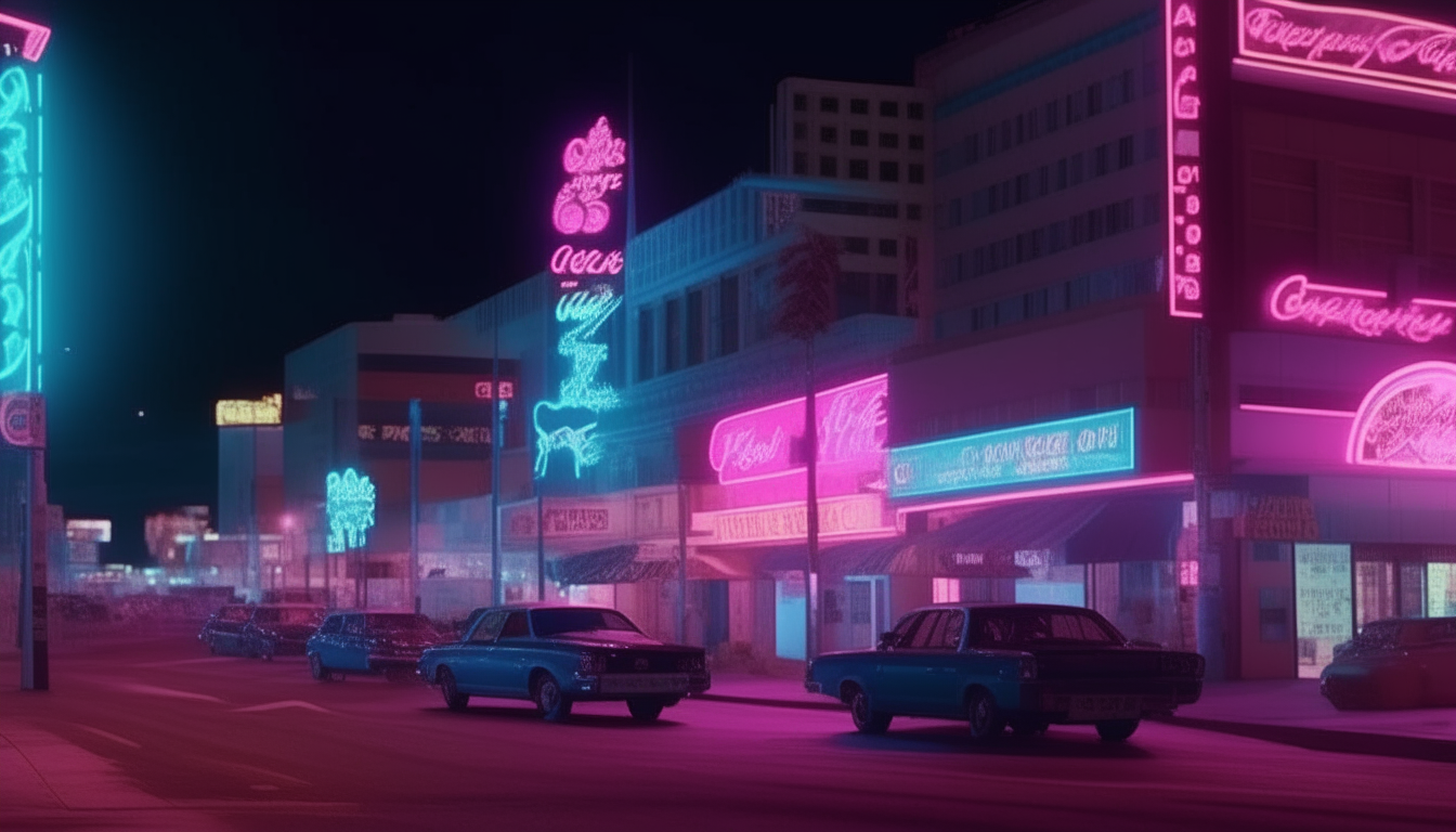Another realistic scene of downtown Las Vegas at night from the 1980s, with bright neon signs glowing various shades of blue and pink in 8K ultra-high definition