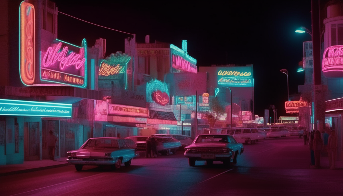 A scene of downtown Las Vegas at night in the 1980s. Neon signs glow in vibrant shades of pink, blue, green and orange along the crowded sidewalks. The atmosphere is lively with a surreal, neon-soaked aesthetic. 8K resolution provides ultra-sharp details.