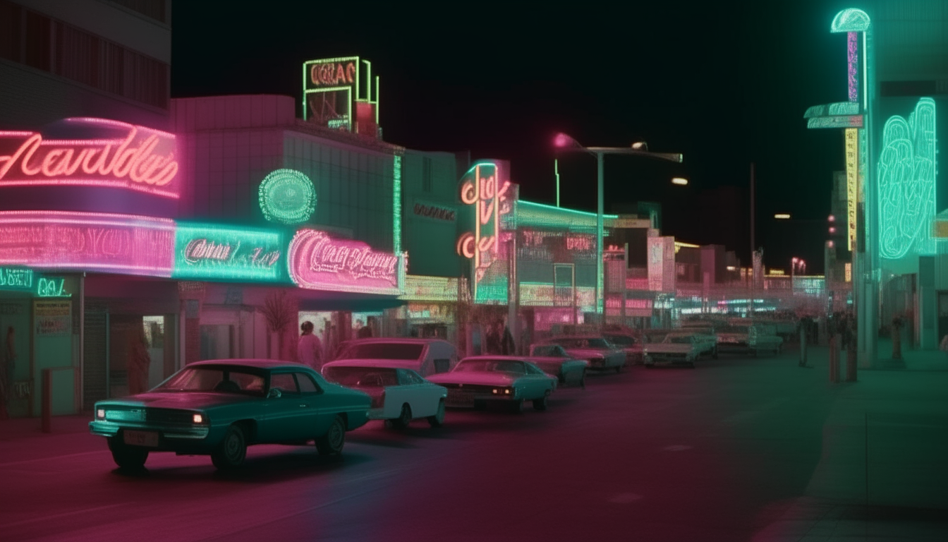 Another view of 1980s downtown Las Vegas at night. Neon signs blaze with bright colors all along the street. People stroll past casinos and shops glowing in neon pink, blue and green hues. 8K resolution captures every minute detail in the neon glow.