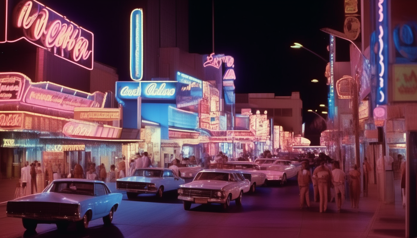 A bustling street in downtown Las Vegas at night in the 1980s. Neon signs glow vibrant shades of blue and pink, lighting up the crowded sidewalks and casinos. The atmosphere is lively under the glow of neon.