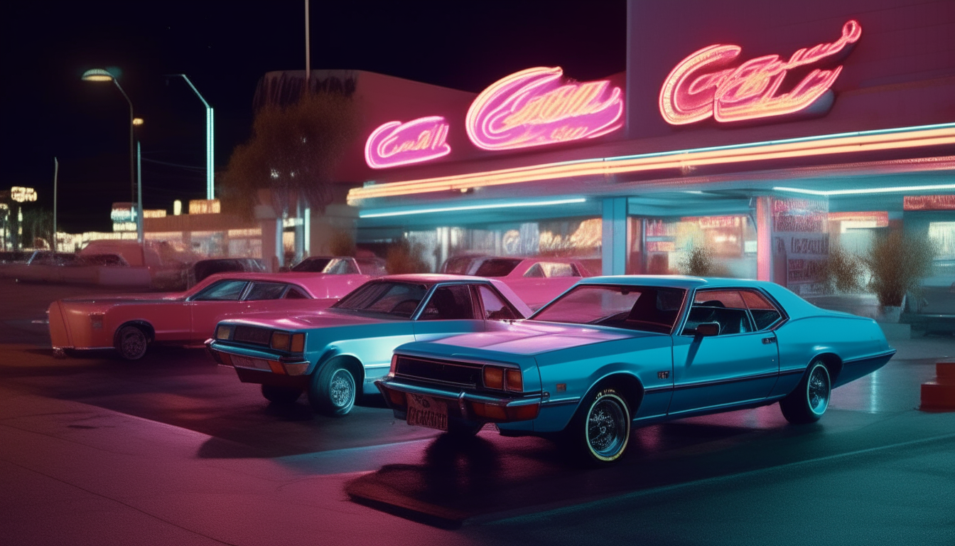 A scene outside a Las Vegas casino at night in the 1980s. Neon signs glow various shades of pink, blue and green. Parked out front are a blue 1977 Ford Mustang GT, a red Ferrari Testarossa and a black Chevrolet Chevelle convertible, all with their lights shining.