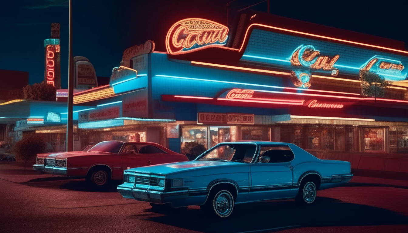 Another view of a 1980s Las Vegas casino at night. Neon signs blaze with bright colors while a blue 1977 Ford Mustang GT, red Ferrari Testarossa and black Chevrolet Chevelle sit parked outside, glowing in the neon light.