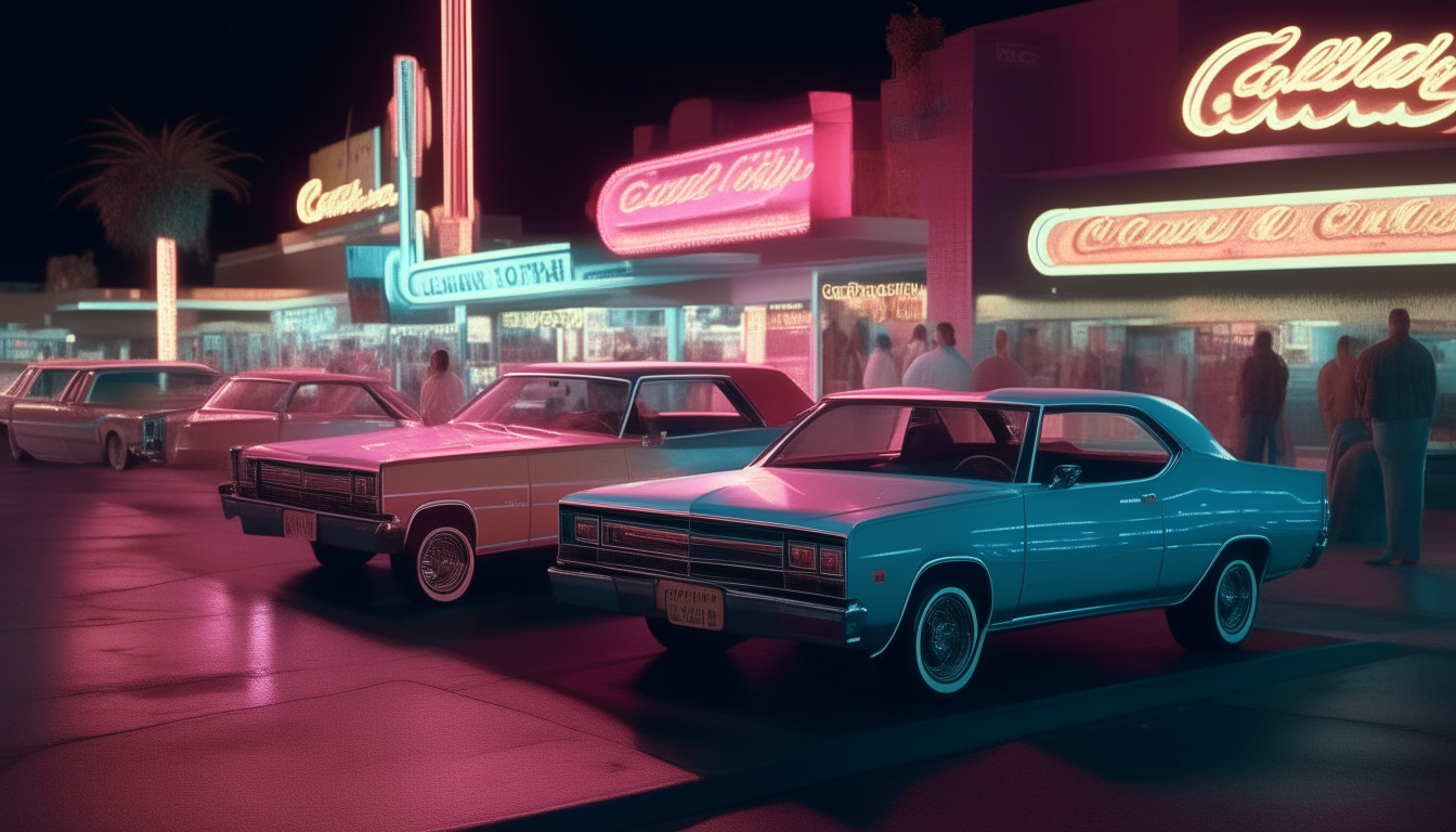 A neon-lit street scene in 1980s Las Vegas at night, with three classic cars parked outside a glowing casino