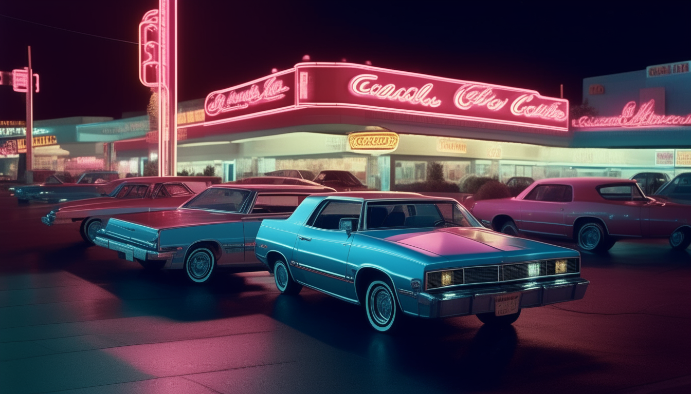Another view of 1980s Las Vegas at night, with three vintage cars parked under the neon glow of a casino sign