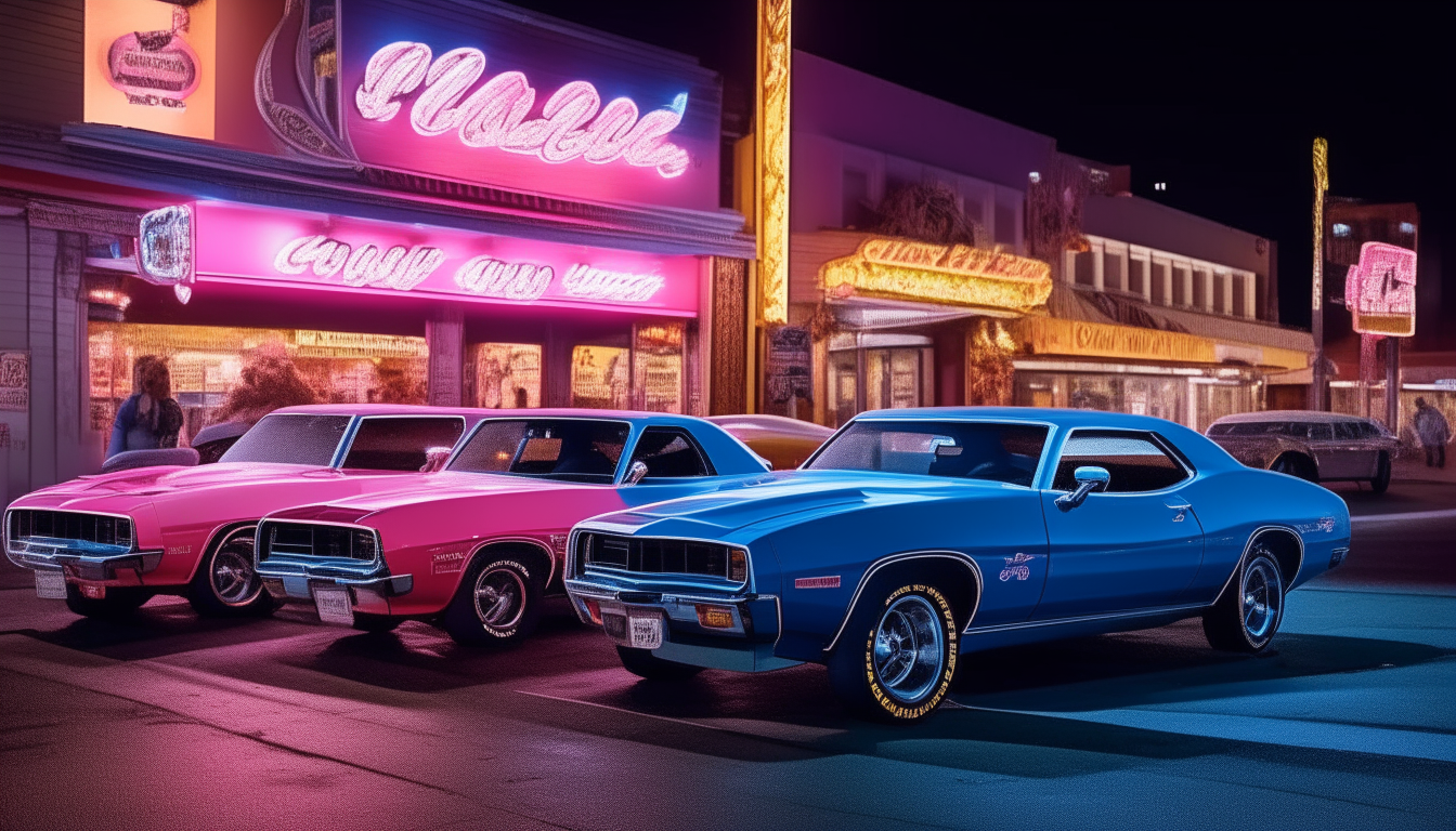 A row of three classic American muscle cars sits parked outside a neon-lit casino on a busy Las Vegas street at night in the 1980s. A blue Chevrolet Camaro, orange Ford Mustang and black Dodge Challenger gleam under the glow of pink and blue signs advertising slot machines and live entertainment.