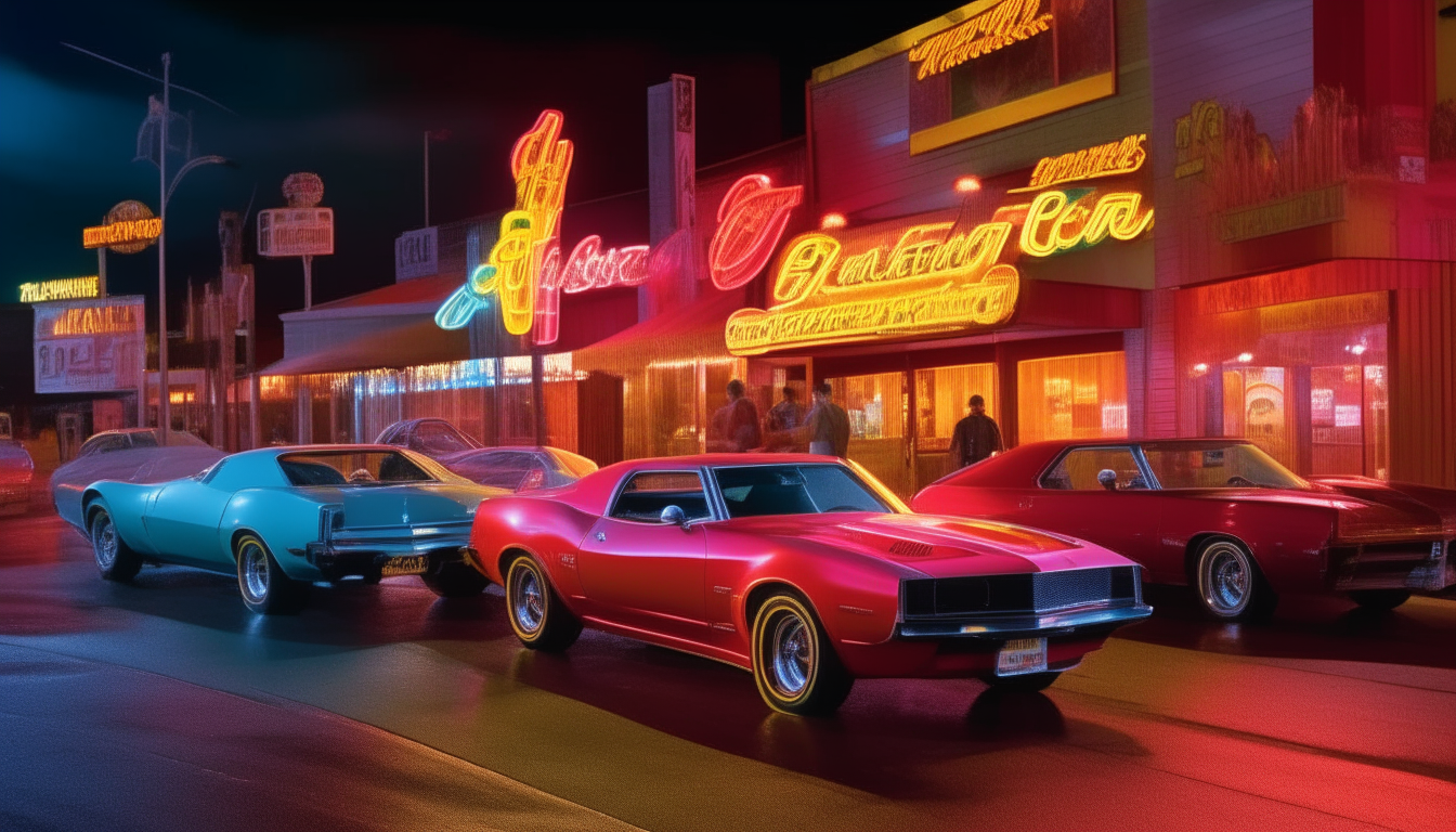 Another view shows three vintage sports cars lined up in front of a 1980s casino awash in neon. A crowd walks past a red Pontiac Firebird, silver Chevrolet Corvette and yellow Plymouth Barracuda glowing in the multicolored neon light.