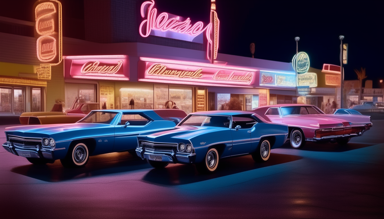 Three classic cars parked outside a neon-lit casino at night in 1980s Las Vegas