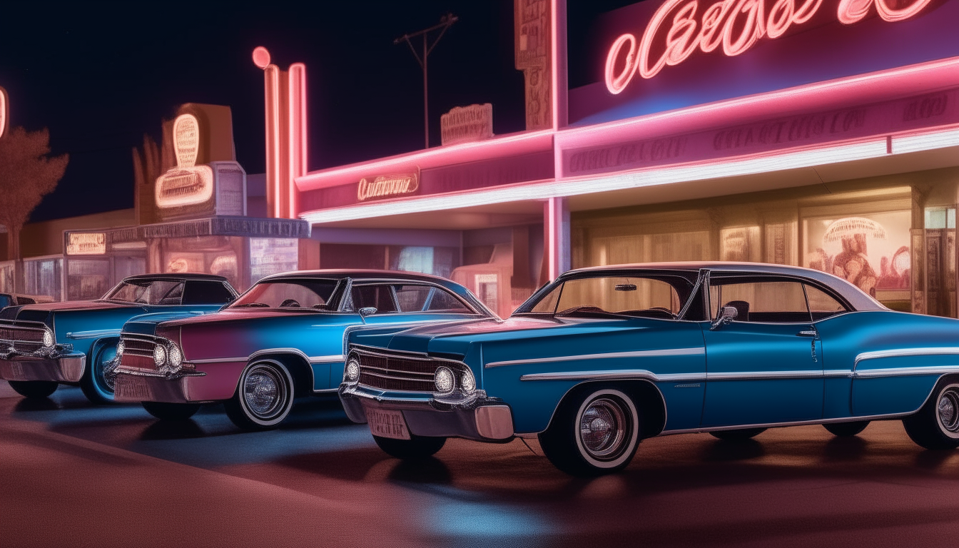 Another view of three vintage vehicles lined up under the glow of a casino sign