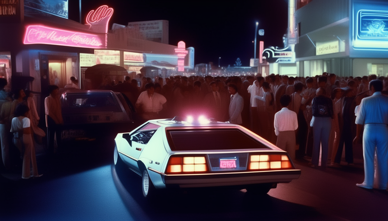 A neon-lit street in 1980s Las Vegas at night, where a crowd gathers around a white DeLorean DMC-12, hovering Lexus hovercraft and open-top Toyota AE86 Trueno.